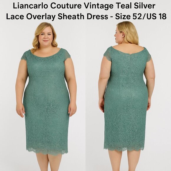 Liancarlo Couture Vintage Teal Silver Lace Overlay Sheath Dress Sz 52 / US 16-18 - Picture 1 of 11